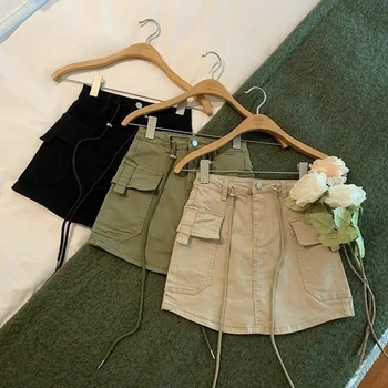 Vintage Cintura Alta a Mini Saia com Cinto de Mulheres coreano Moda de Bolso Demin Carga Saia de Mulher Y2k Drawsting H Linha de Saia Shorts