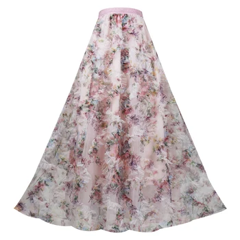 2022 Verão, Outono Coreano Moda Vintage Doce E Elegante De Fadas Mulheres Cor-De-Rosa Floral Bordado De Cintura Alta Longa Maxi Tule Saia De Malha