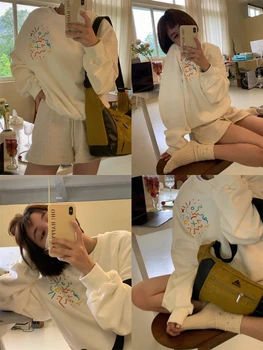 2023 Outono Nova Camisola de Mulher Solta a Inserção de Moda Pulôver de Gola Redonda Ombro Queda coreano Top Branco
