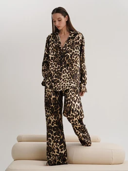 Hiloc estampa de Leopardo Mulheres Pijama Completo Mangas Soltas Novo Em Mulheres Pijamas Único Breasted Lapela Duas peças de Moda 2023
