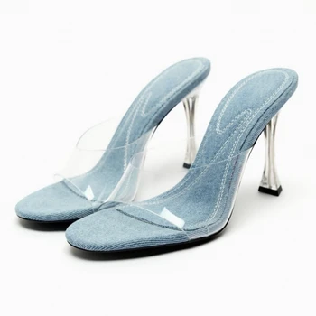 TRAF Azul Transparente Sandálias de Salto Alto Para Mulher 2023 Moda Verão Dedo do pé Redondo Sandálias de Salto Senhora do Escritório de Chinelos, Sapatos de