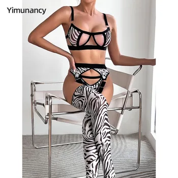 Yimunancy De Impressão De Zebra Corte De Lingerie Conjunto De Meias Mulheres 4-Peça Sexy Sutiã + Tanga Roupa Interior Sensual Erótica Íntimos