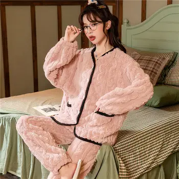 Senhora do Sono Conjuntos de Pijamas Terno Com o Bolso Sexy de Camisola Home Wear Camisa de Flanela&Calças Salão 2PCS de Dormir Sólido Sleepwear
