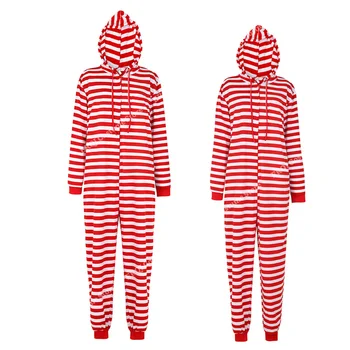 Casal Onesie Plus Size Natal Pijama Vermelho e Branco Listrado Macacão para Adultos com Zíper do Macacão com Capuz Sleepwear