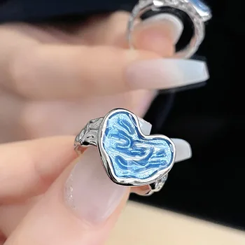 Novo Kpop Azul Coração de Amor Geométrica Irregular de Metal Líquido Abrir o Anel Para o coreano Moda Festa de Casamento Y2K EMO Acessórios de Jóias