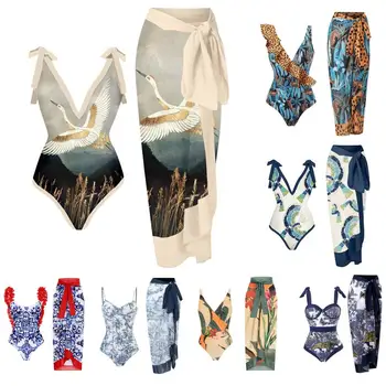 1 Conjunto Respirável Senhora Praia Monokini Vintage Beachwear com Peito Almofada de Mulheres em trajes de Banho com Vestido Longo