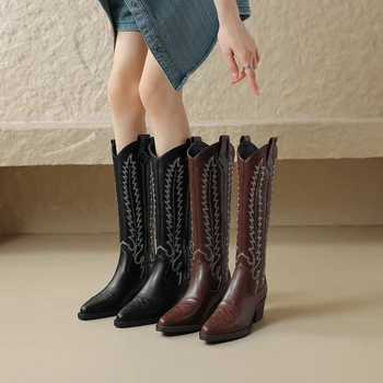 2023 novo Outono inverno Mulheres botas de cano alto de couro natural 22-24.5 cm de couro+porco ocidental botas de bordar longas botas