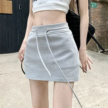 MEXZT Streetwear Cinza de Uma Linha de Saias das Mulheres de Cintura Alta Suor Mini-Saia coreano Moda Preto Cordão Fino Casual Esportes Saias