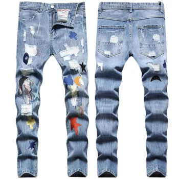 2023 Primavera coreano Moda de Luxo Slim Jeans Quebrados, Buracos e Bordados coreano Moda Algodão Hip-hop Clássico Calças para Homens