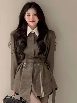 2023 Coreano Xadrez Elegante Casaco De Lã No Outono De Manga Longa Vintage Cintura Fina Senhora Curto Casaco De Moda Primavera Casaco Com Cinto