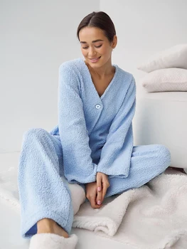 Hiloc Azul de Lã Inverno Quente Mulheres Pijama Comprido com Decote em V Mulheres de Pijama de Manga comprida Bolsos Duplos Pijamas 2023 Novo
