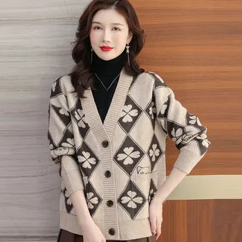 Inverno Mulheres Com Decote Em V Floral Suéter Elegante Coreano Moda Solto E Casual Suéter Feminino Grossa Curto De Malha Suéter Casaco